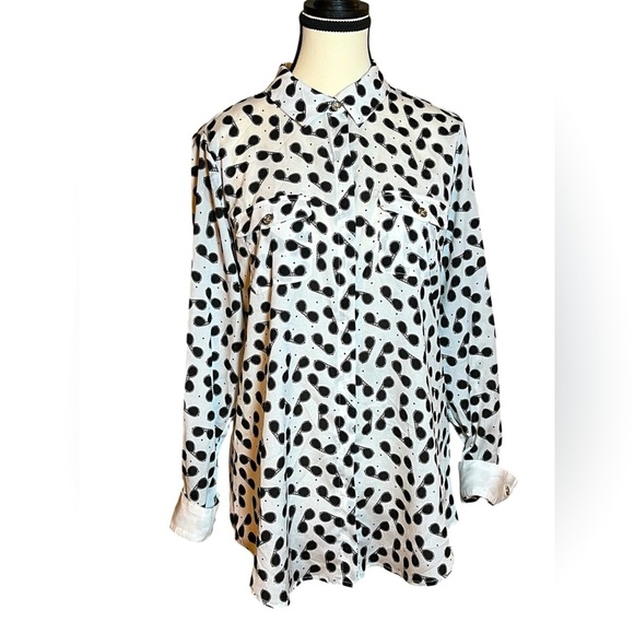 Karl Lagerfeld Long Sleeve Sunglasses Print Blouse Womens M White Button Front - Picture 1 of 7